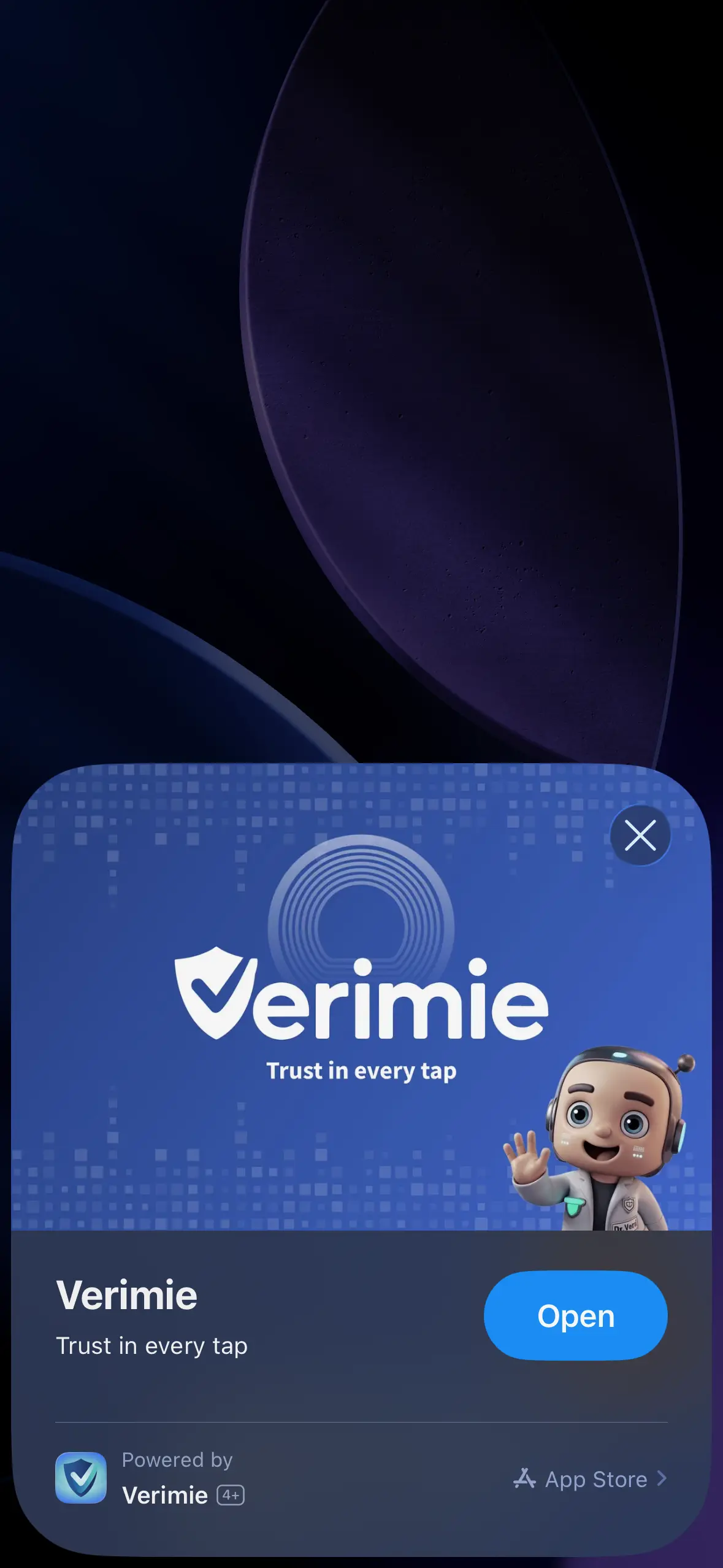 Verimie App Clip — the official sheet, as it opens on a real iPhone