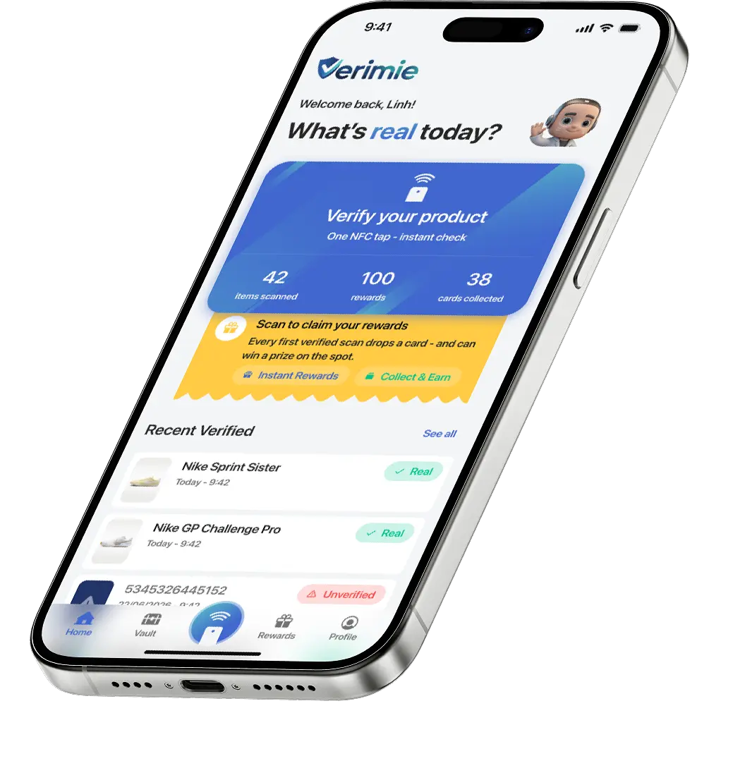Verimie consumer app — home screen on iPhone