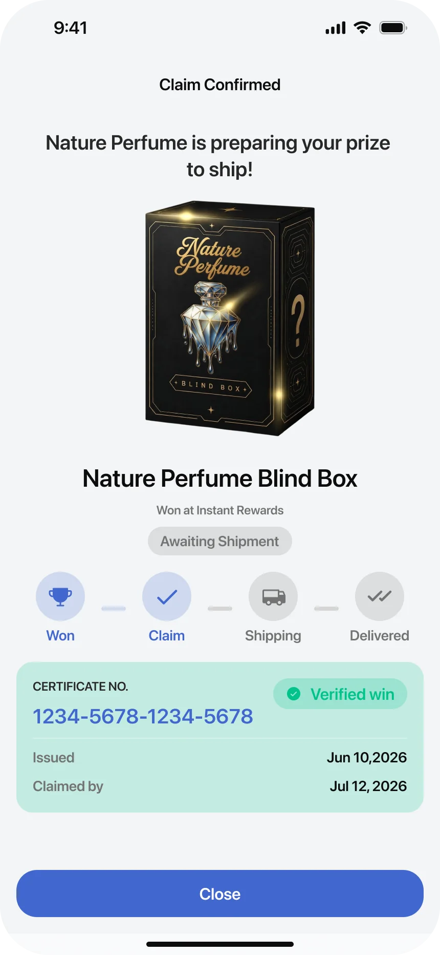 Verimie app — claim confirmed, shipping